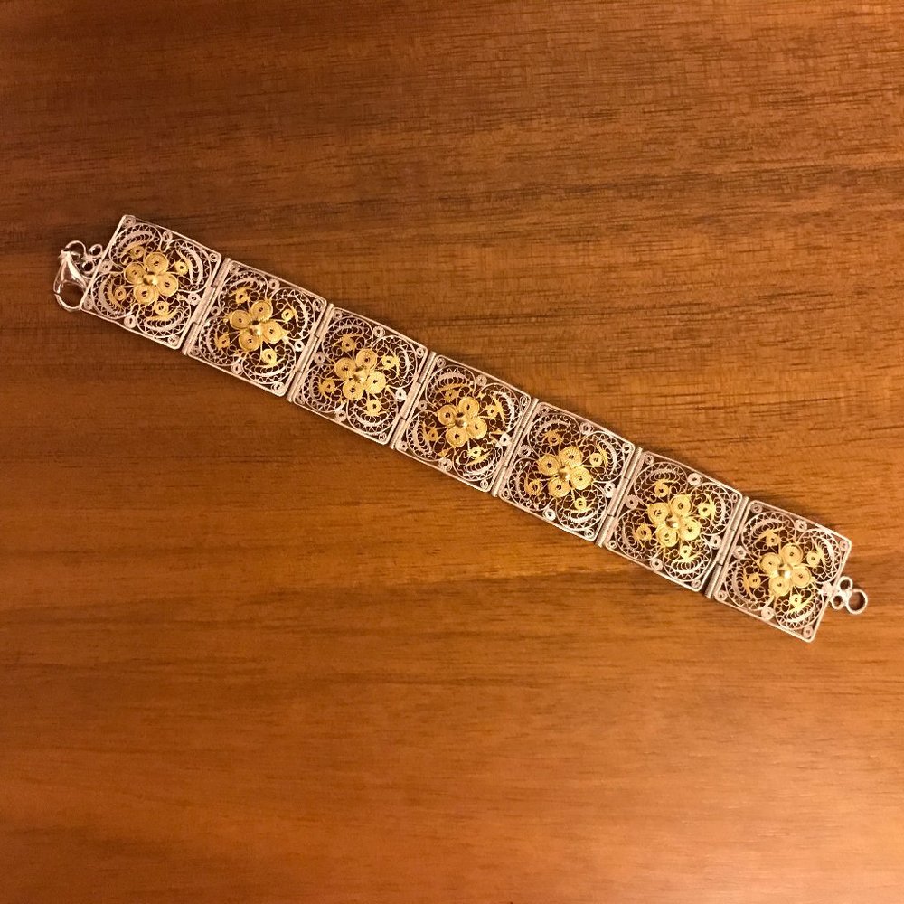 Silver & Gold Filigree Floral Link Bracelet